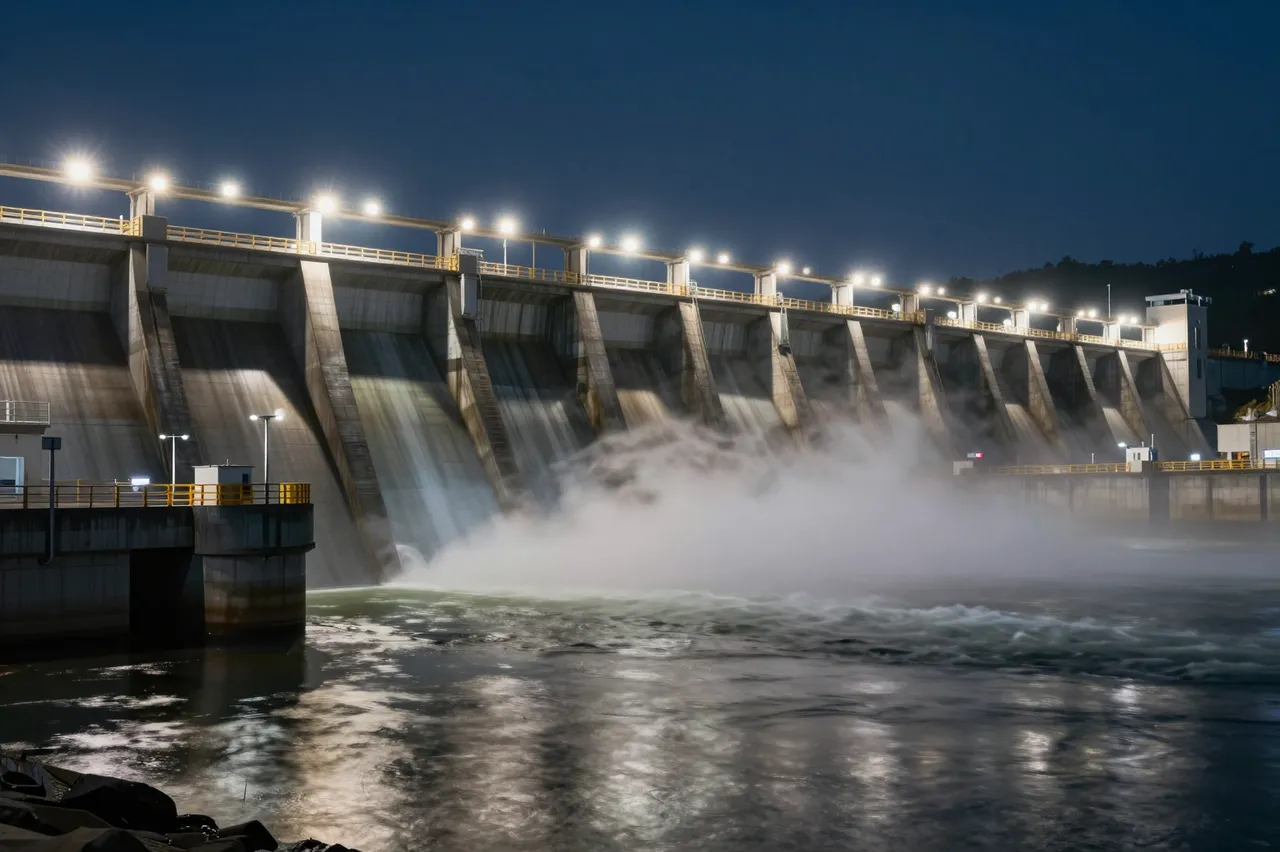 Illuminated hydroelectric dam releases water with rising mist under a dark night sky