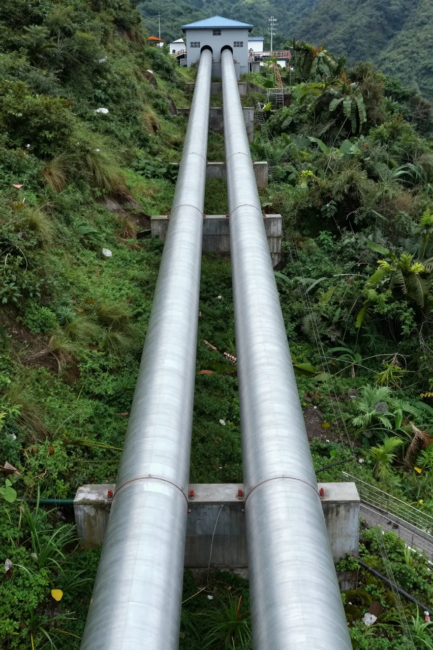 Two large steel water pipes run down a steep vegetated slope to a small hydroelectric power station.