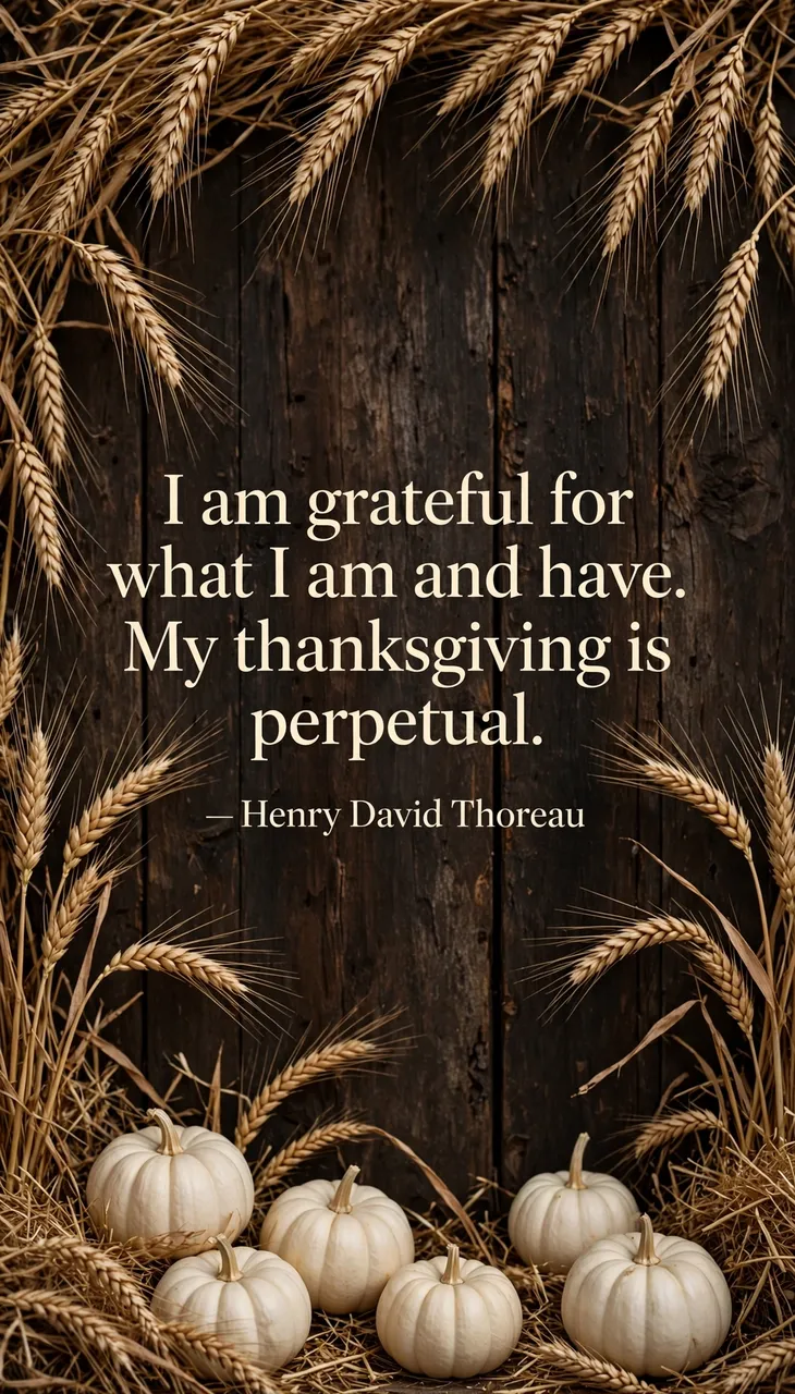 Vertical phone wallpaper with a Thoreau gratitude quote framed by golden wheat stalks and small white pumpkins against dark
