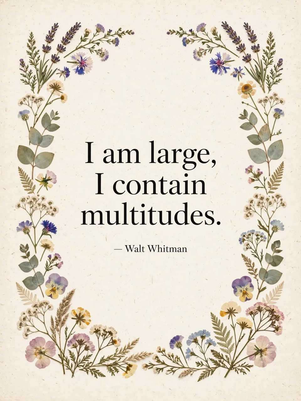 A botanical quote poster with a cream background, pressed flower border, and the text "I am large, I contain multitudes.