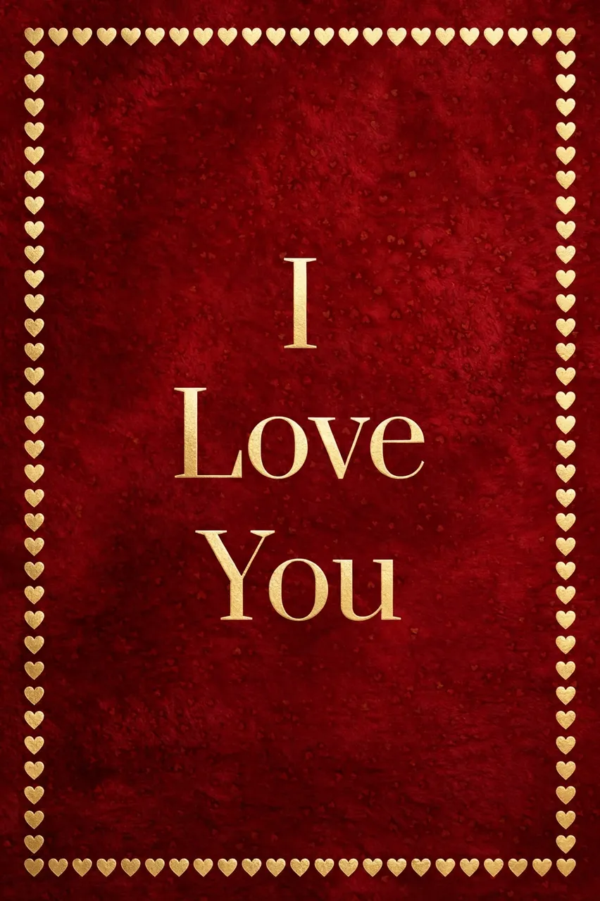 "I Love You" in elegant gold serif lettering centered on a deep red background framed by a border of small gold hearts.