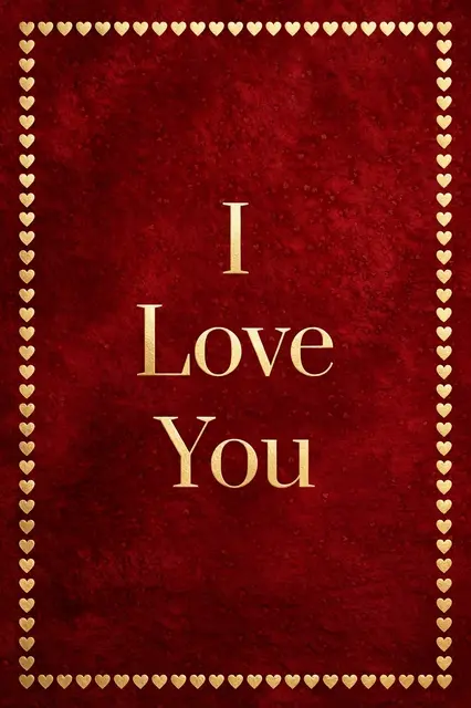 "I Love You" in elegant gold serif lettering centered on a deep red background framed by a border of small gold hearts.