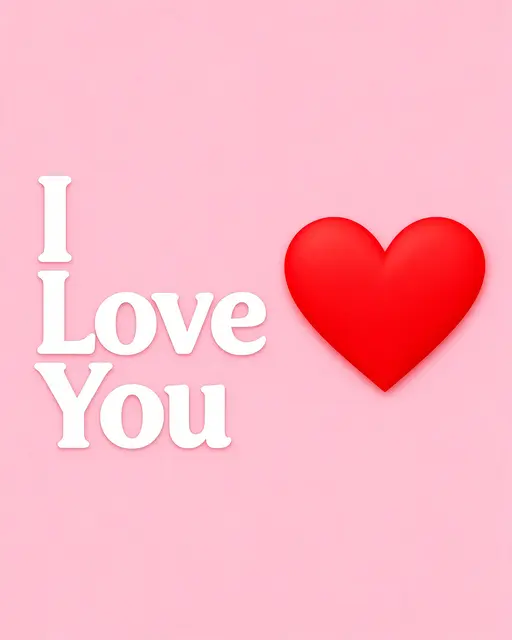 "I Love You" bold white rounded text sits to the left of a large 3D red heart on a soft solid pink background