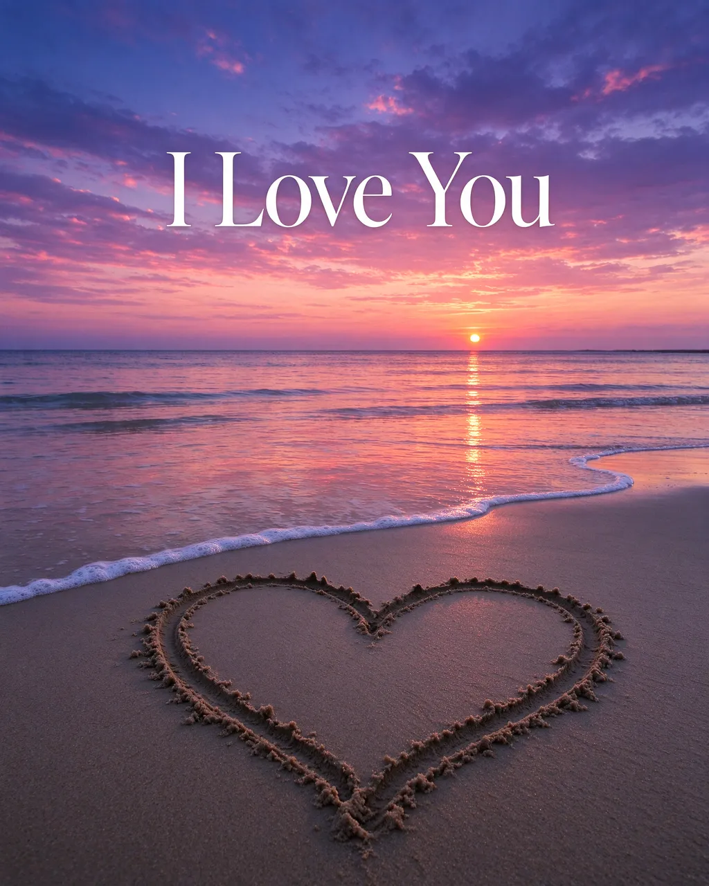 "I Love You" text over a beach sunset with a heart drawn in the foreground sand