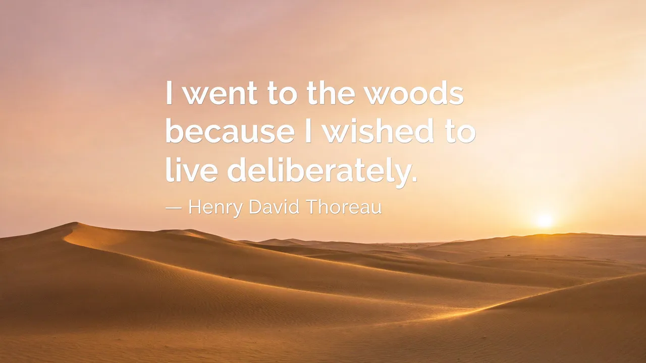 Golden desert dunes at sunset with overlaid text reading "I went to the woods because I wished to live deliberately. — Henry