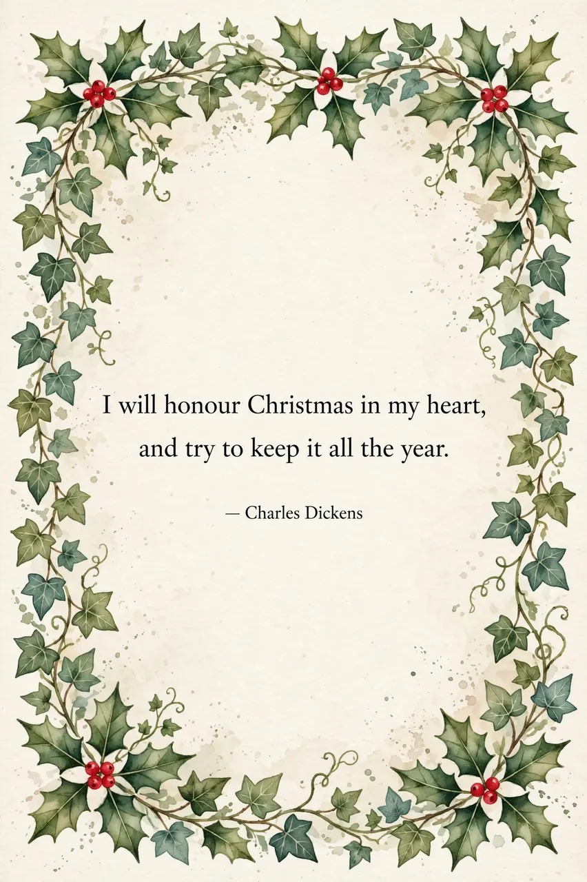 Watercolor holly and ivy garland framing a cream background with a Charles Dickens Christmas quote