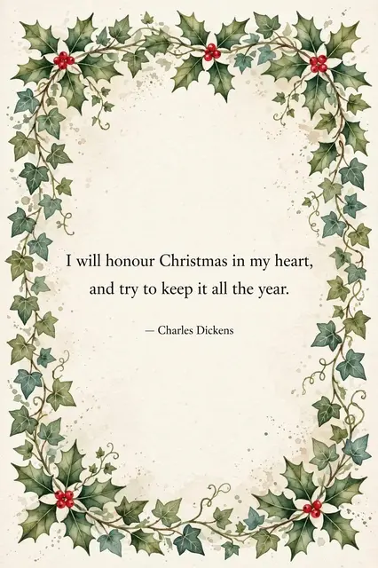 Watercolor holly and ivy garland framing a cream background with a Charles Dickens Christmas quote