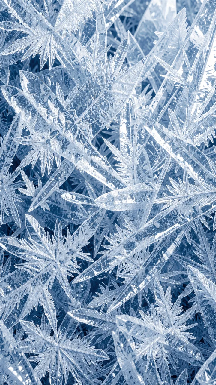 Intricate frosted ice crystal shards catch light across a cool blue vertical frame