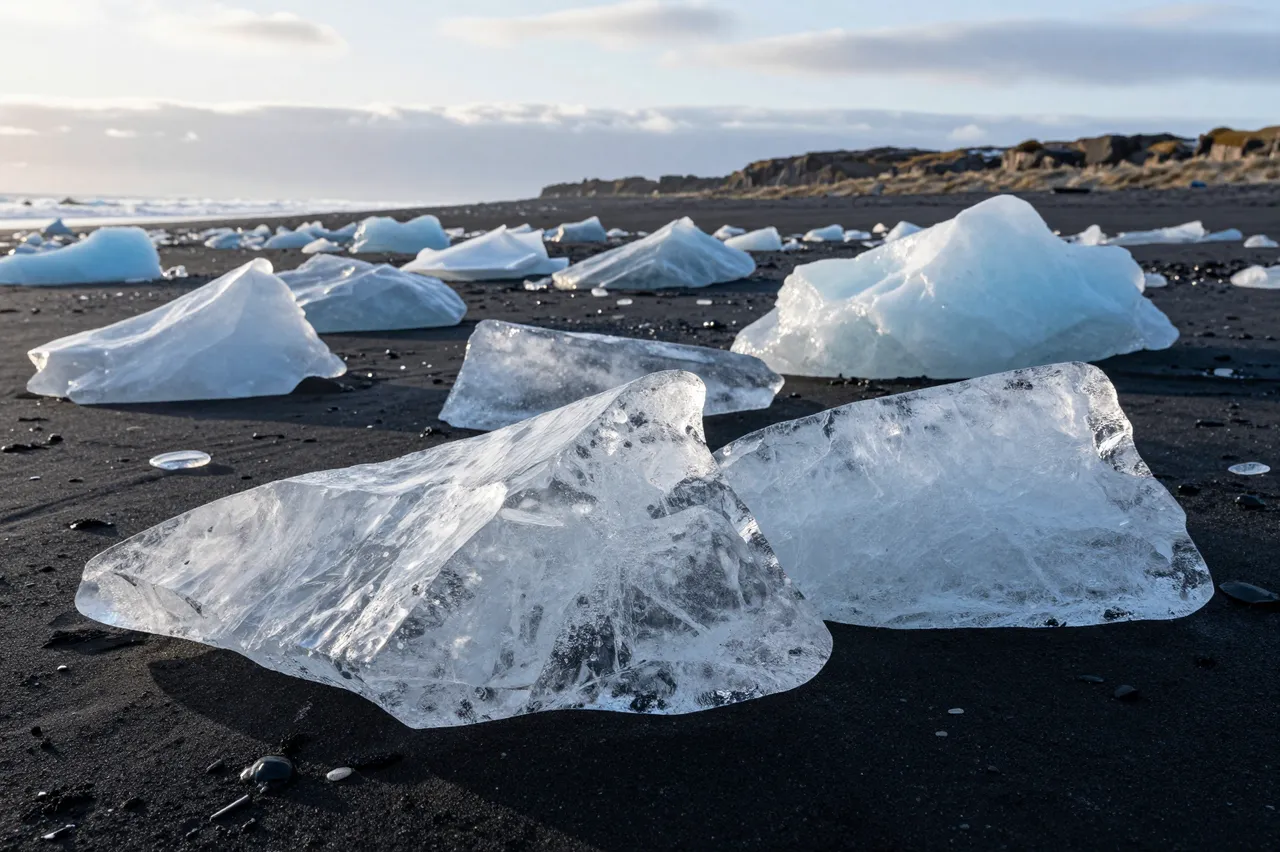Clear and pale blue ice chunks scattered across a black sand beach at bright sunrise