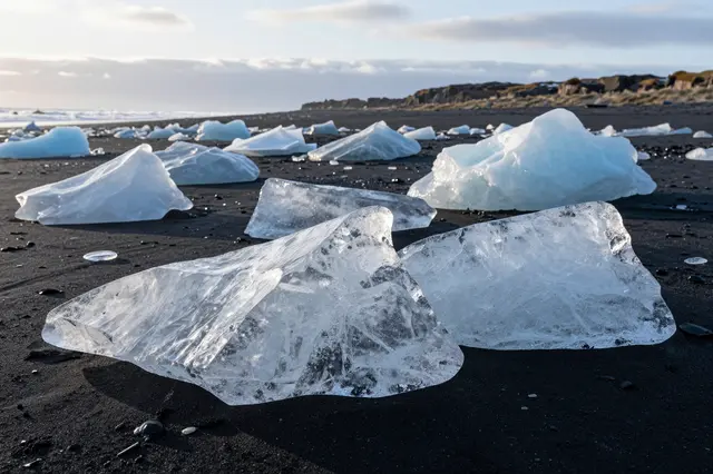 Clear and pale blue ice chunks scattered across a black sand beach at bright sunrise