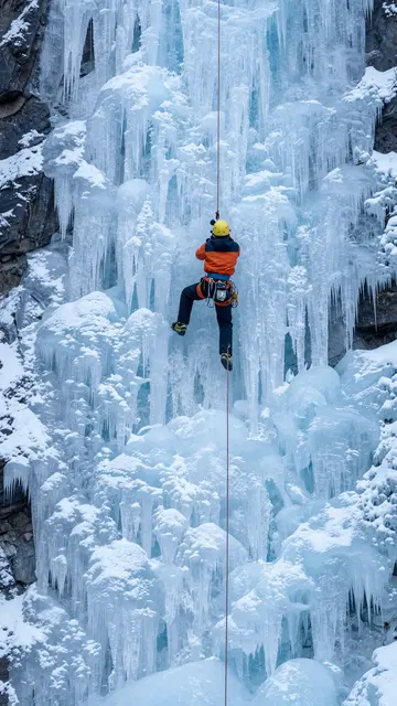 An ice climber in an orange jacket ascends a massive frozen blue waterfall viewed from below
