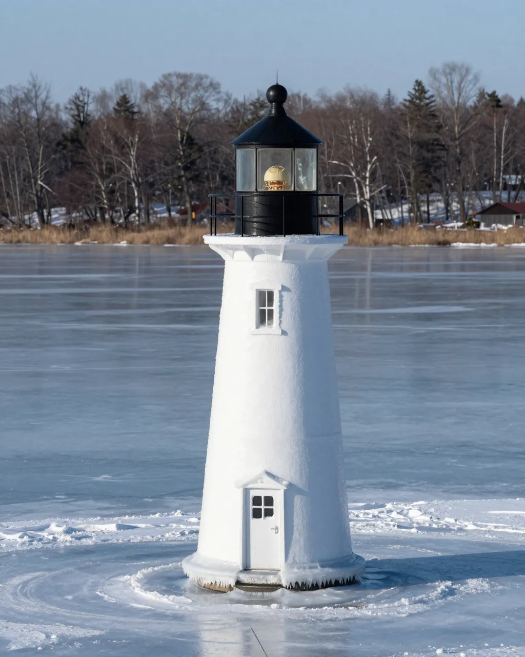 A snow coated white lighthouse stands surrounded by ice on a frozen winter lake