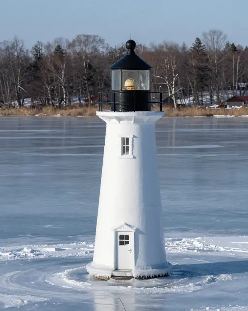 A snow coated white lighthouse stands surrounded by ice on a frozen winter lake