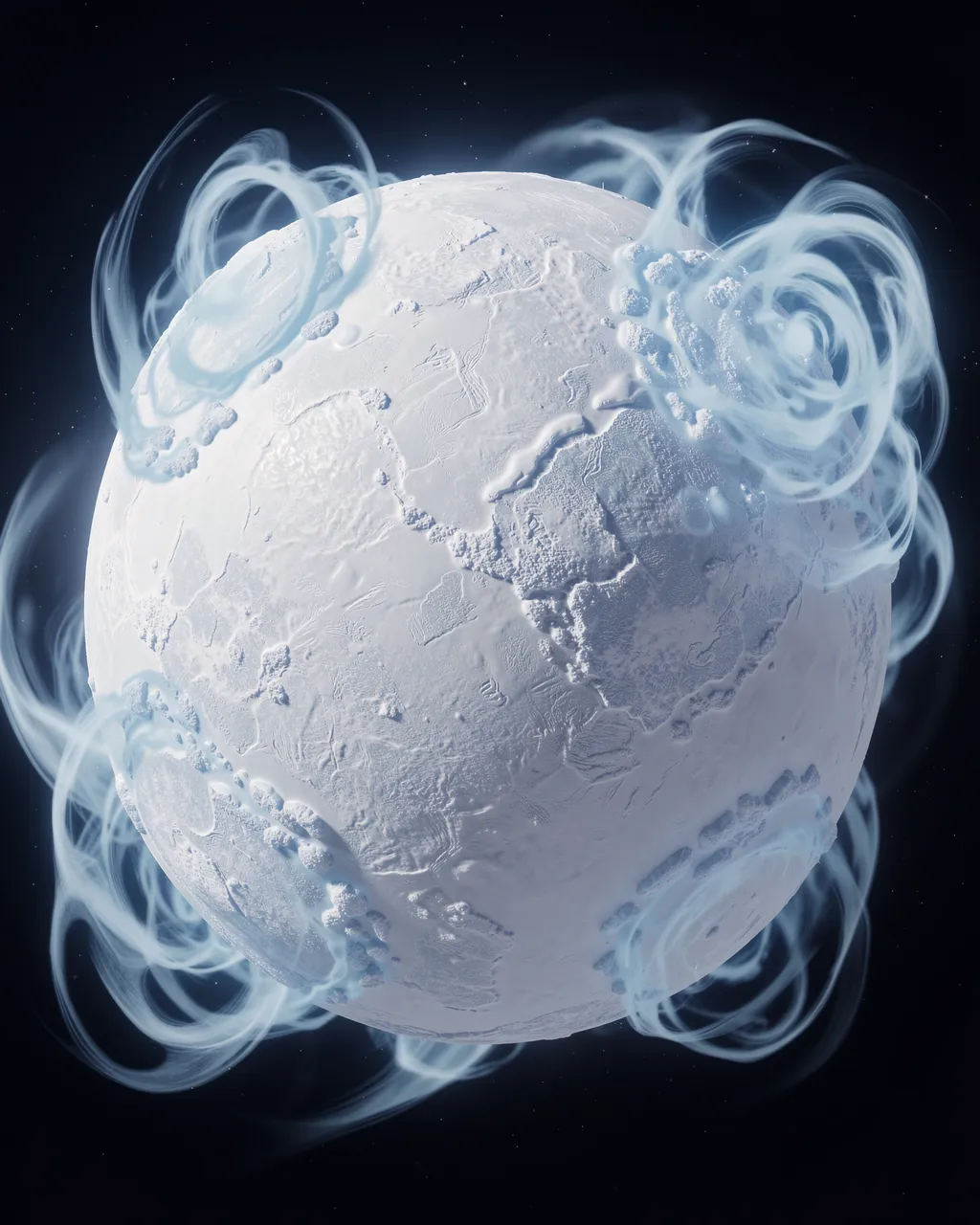 Fully ice-covered snowball planet floats in space with swirling pale blue storm clouds against dark starry background