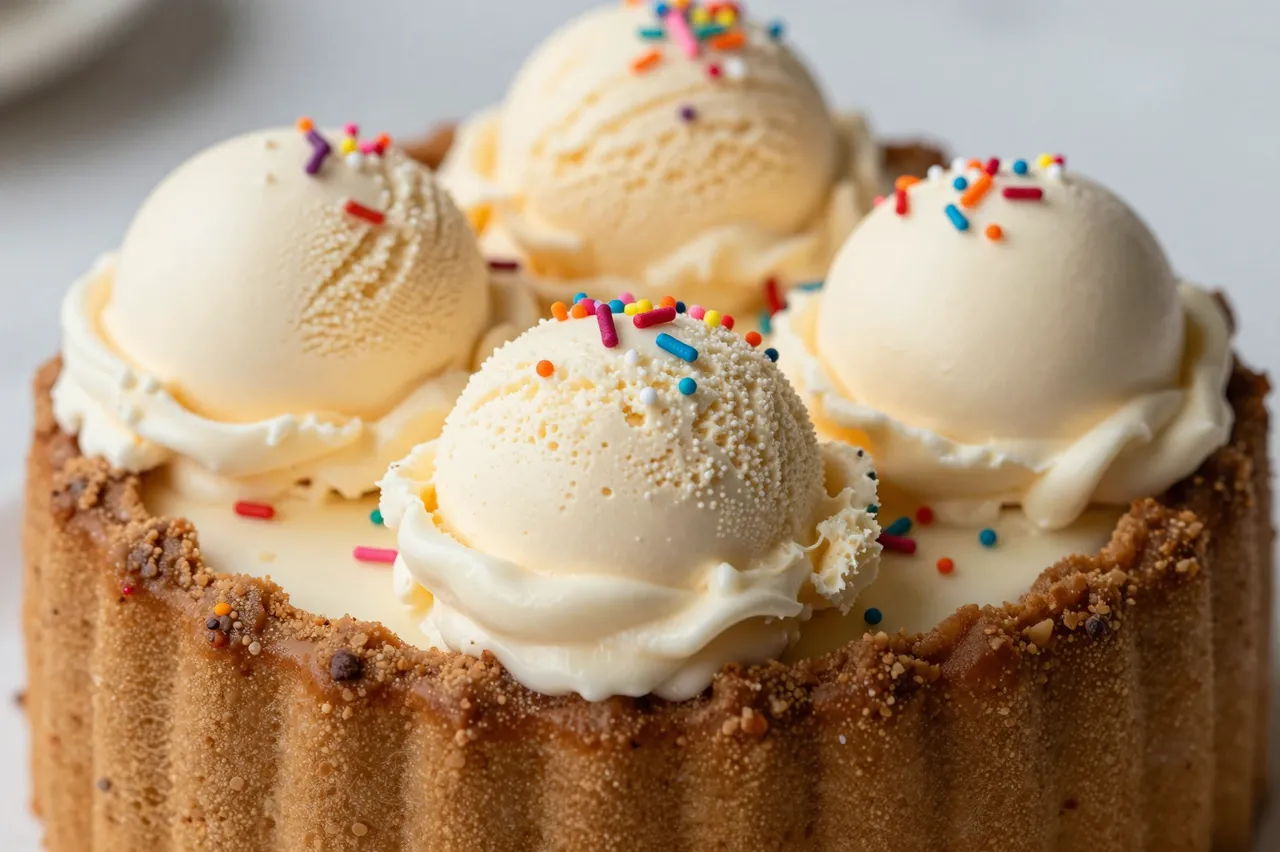 Close-up of an ice cream cake topped with four vanilla ice cream scoops and bright multicolored sprinkles.
