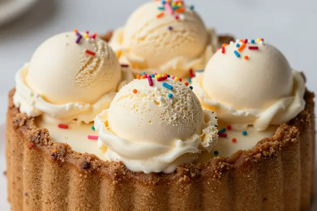 Close-up of an ice cream cake topped with four vanilla ice cream scoops and bright multicolored sprinkles.