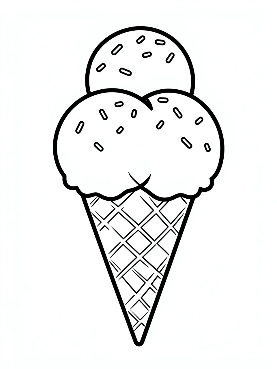 Black and white line art of a waffle ice cream cone with three scoops and sprinkles on a plain white background