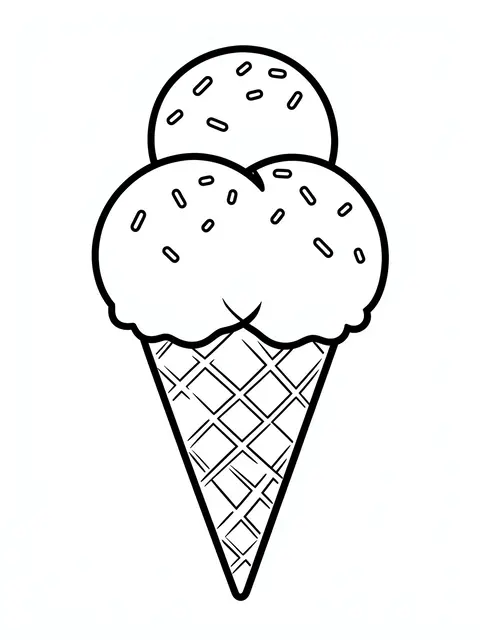 Black and white line art of a waffle ice cream cone with three scoops and sprinkles on a plain white background