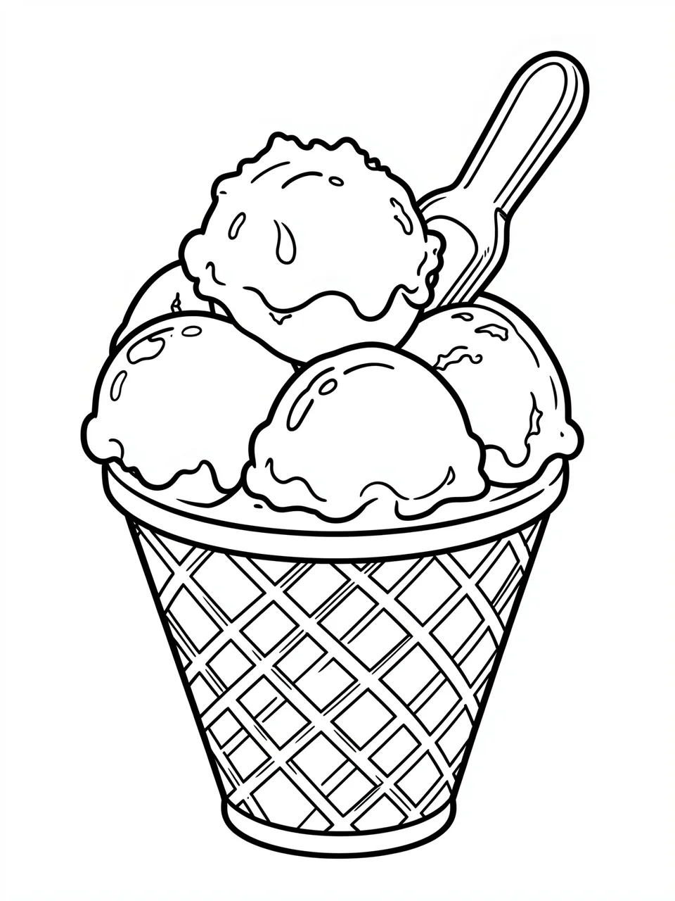 Black and white line art of an ice cream sundae in a waffle bowl with an embedded spoon on a plain white background