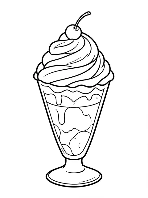 Bold black and white line art of an ice cream sundae with whipped cream and a cherry in a glass dish