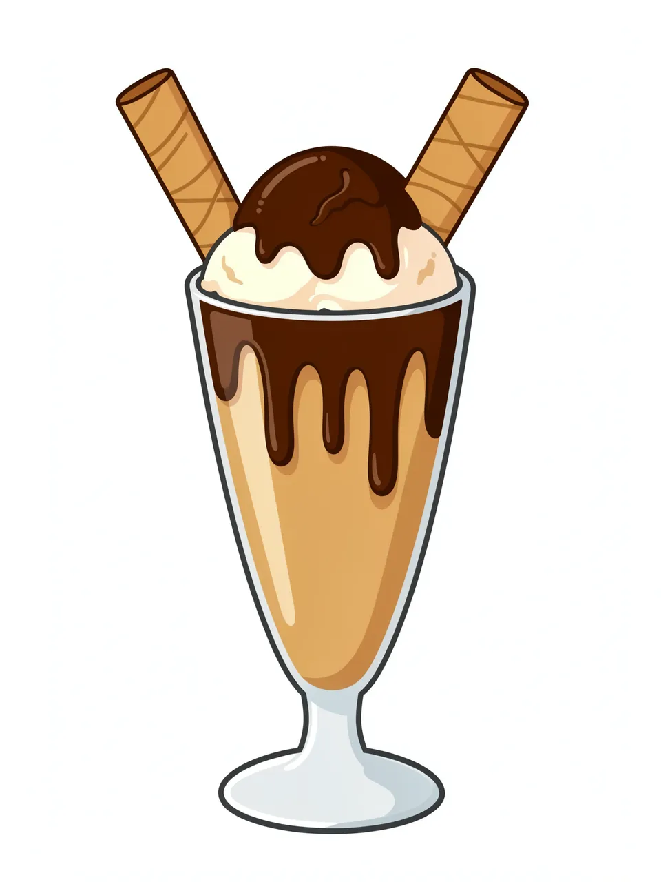 Flat clipart of a tall glass ice cream sundae with chocolate sauce and wafer rolls on a white background