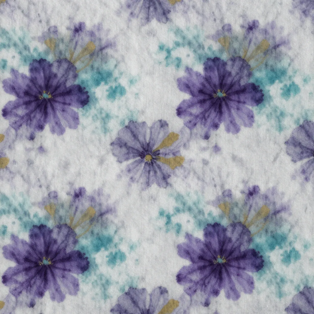 Full frame close-up of ice-dyed cotton fabric with bleeding violet, teal, and golden floral patterns under flat light.