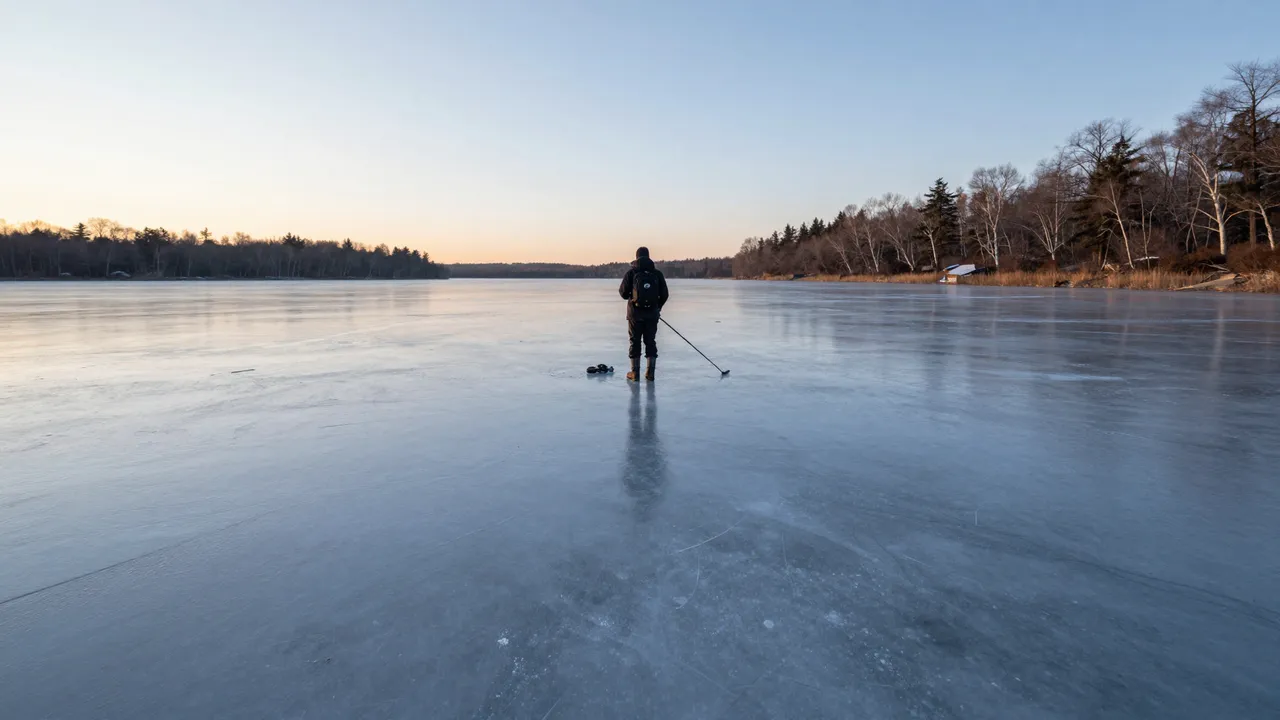 A lone person stands on a smooth frozen lake at pale dawn, viewed from a distance