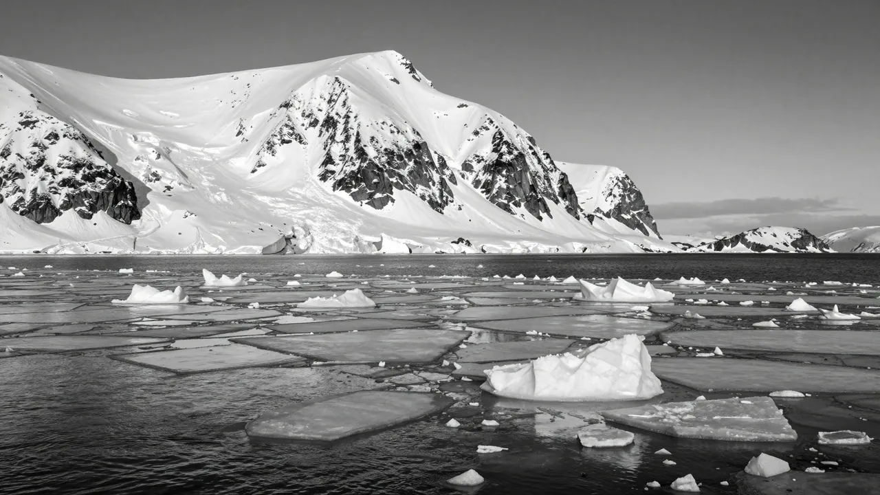 Black and white view of drifting ice floes on a dark bay beneath a large snow-covered mountain