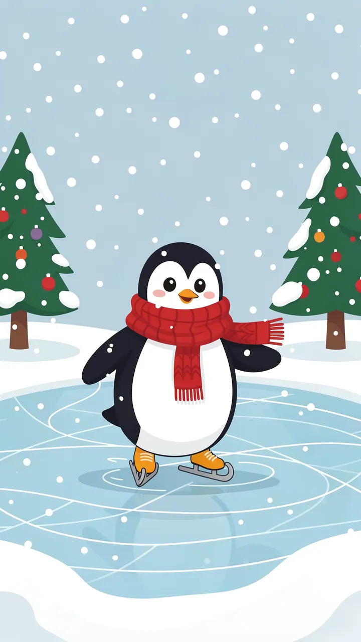 Cute penguin in a red knit scarf ice skates on a frozen pond as snow falls between decorated Christmas trees