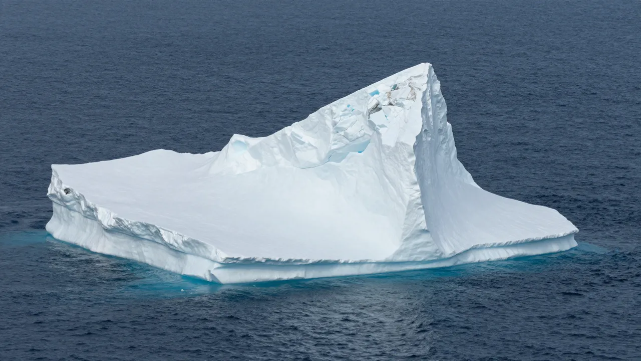 A large angular white iceberg with faint blue crevices floats in dark deep blue arctic sea water.