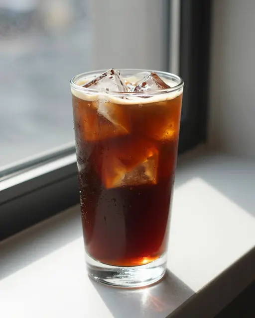 A tall glass of iced coffee with large clear ice cubes sits on a sunlit windowsill