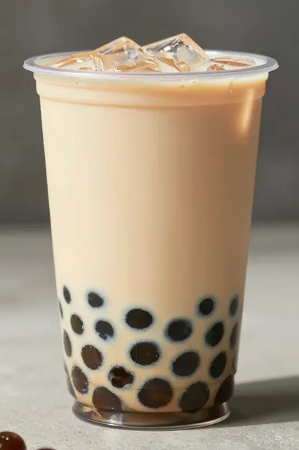 A clear plastic cup of iced milk bubble tea with tapioca pearls rests on a light countertop.