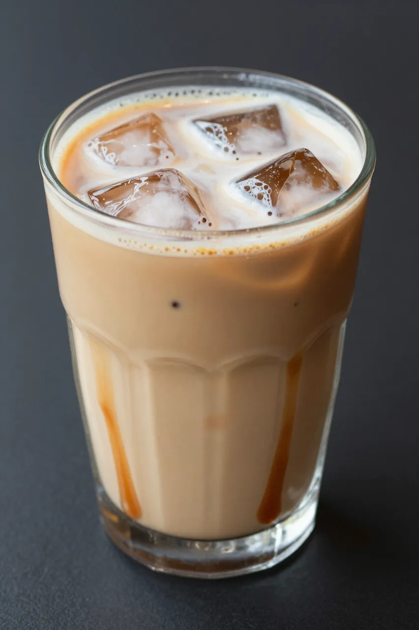 A tall faceted glass holds an iced caramel latte with ice cubes and caramel drizzle against a dark background.