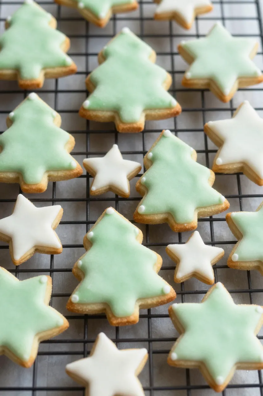 Tree and star shaped sugar cookies with pale green and white royal icing rest on a black wire cooling rack.
