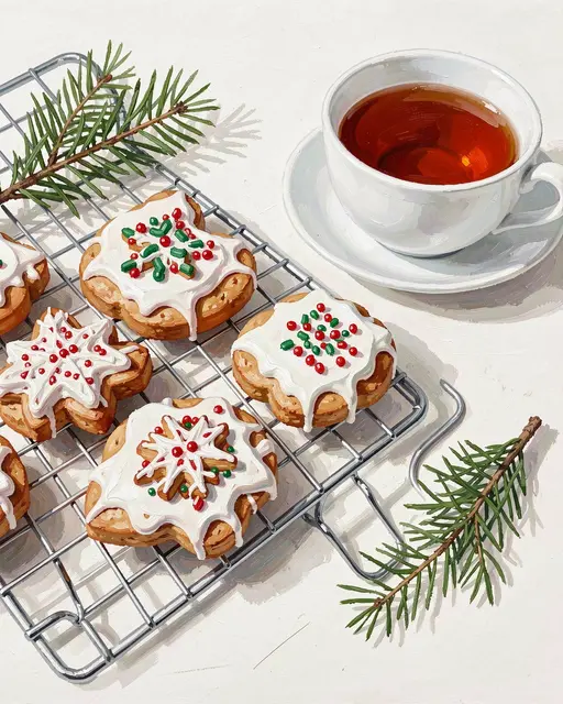 Gouache painting of decorated Christmas cookies on a cooling rack beside a tea cup and pine sprigs