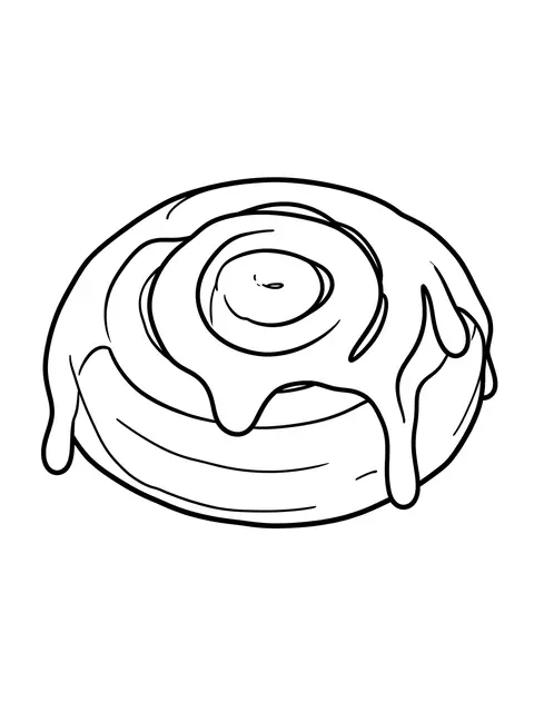 Bold black and white line art drawing of a cinnamon roll with drizzled icing on a plain white background