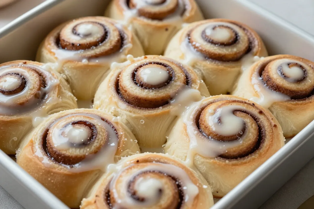 Freshly baked cinnamon rolls topped with white icing sit arranged in a rectangular metal baking pan.