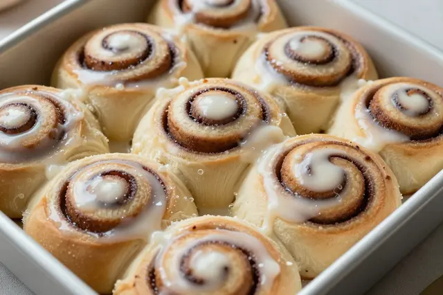 Freshly baked cinnamon rolls topped with white icing sit arranged in a rectangular metal baking pan.