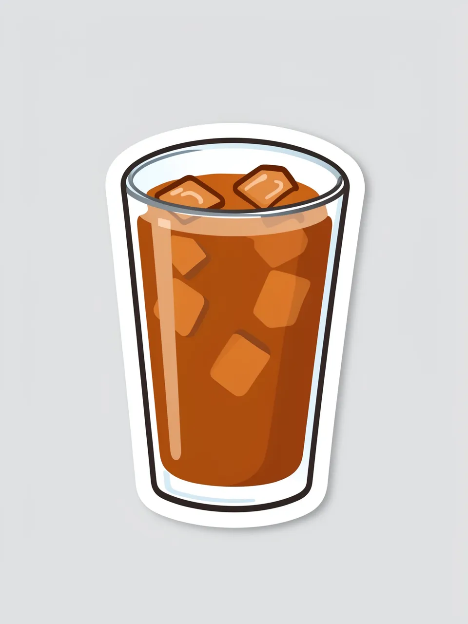Cute flat illustration sticker of an iced coffee glass with ice cubes on a light gray background