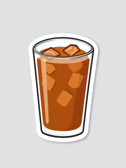 Cute flat illustration sticker of an iced coffee glass with ice cubes on a light gray background