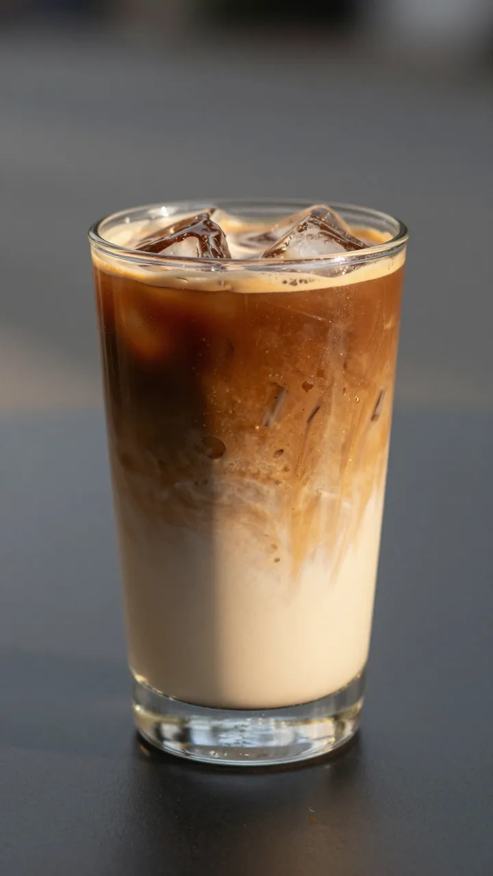 A tall clear glass of layered iced latte with ice cubes sits on a dark smooth surface