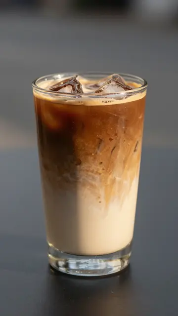 A tall clear glass of layered iced latte with ice cubes sits on a dark smooth surface
