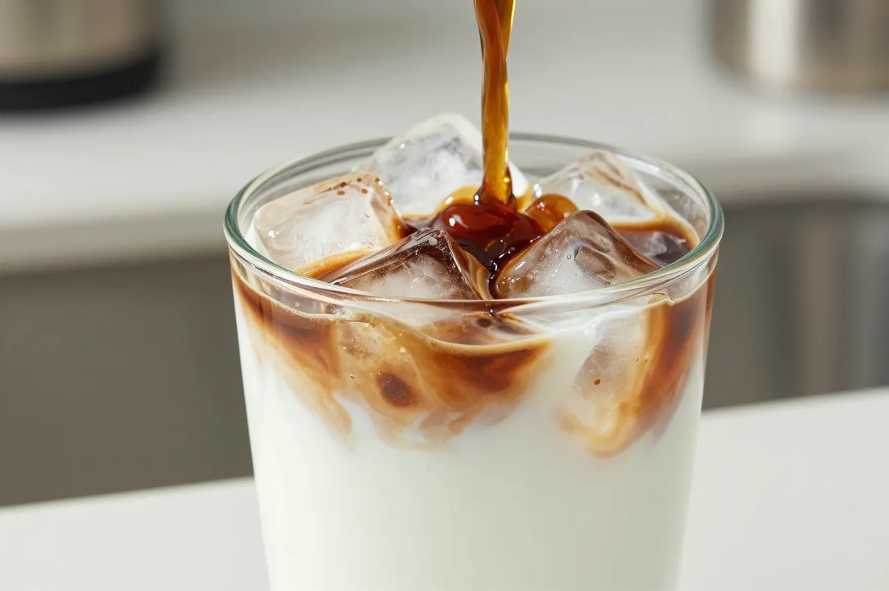 Coffee pours over ice cubes into a glass of cold milk, creating brown swirling patterns.