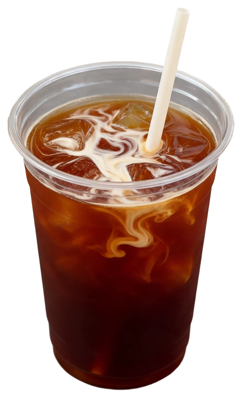 Iced coffee in a clear plastic cup has swirling cream and a white straw inserted through the top.