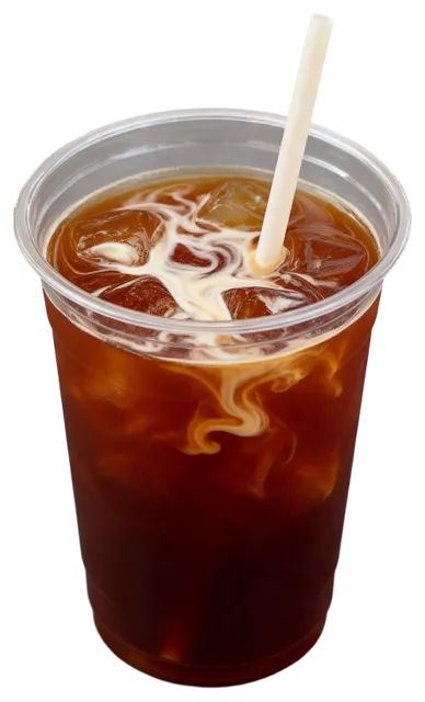 Iced coffee in a clear plastic cup has swirling cream and a white straw inserted through the top.
