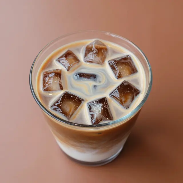Top down view of a glass of iced coffee with ice cubes and creamy swirl on a terracotta table