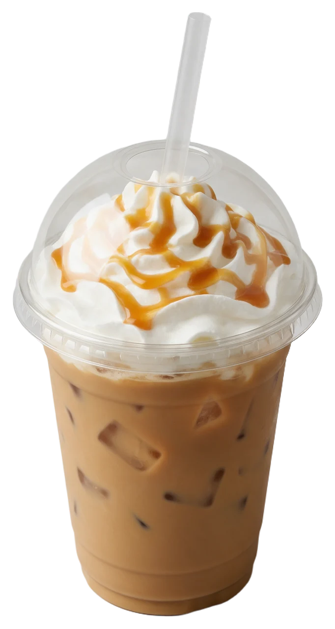 Clear plastic cup of iced coffee topped with whipped cream, caramel drizzle, dome lid and straw