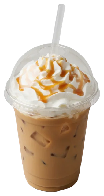 Clear plastic cup of iced coffee topped with whipped cream, caramel drizzle, dome lid and straw
