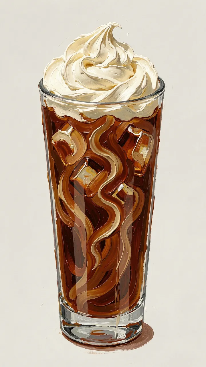 Impasto oil painting of a tall glass of iced coffee topped with swirled whipped cream against a plain neutral background