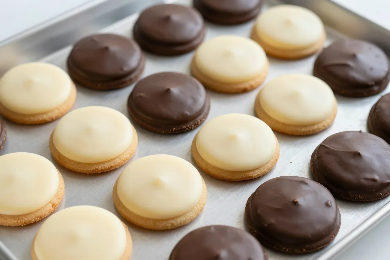 Round iced cookies with white vanilla and dark chocolate icing arranged on a metal baking tray